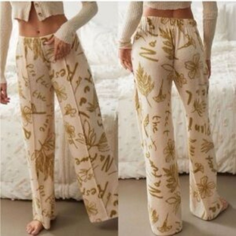Urban Outfitters Cream and Gold Patterned Track Pants